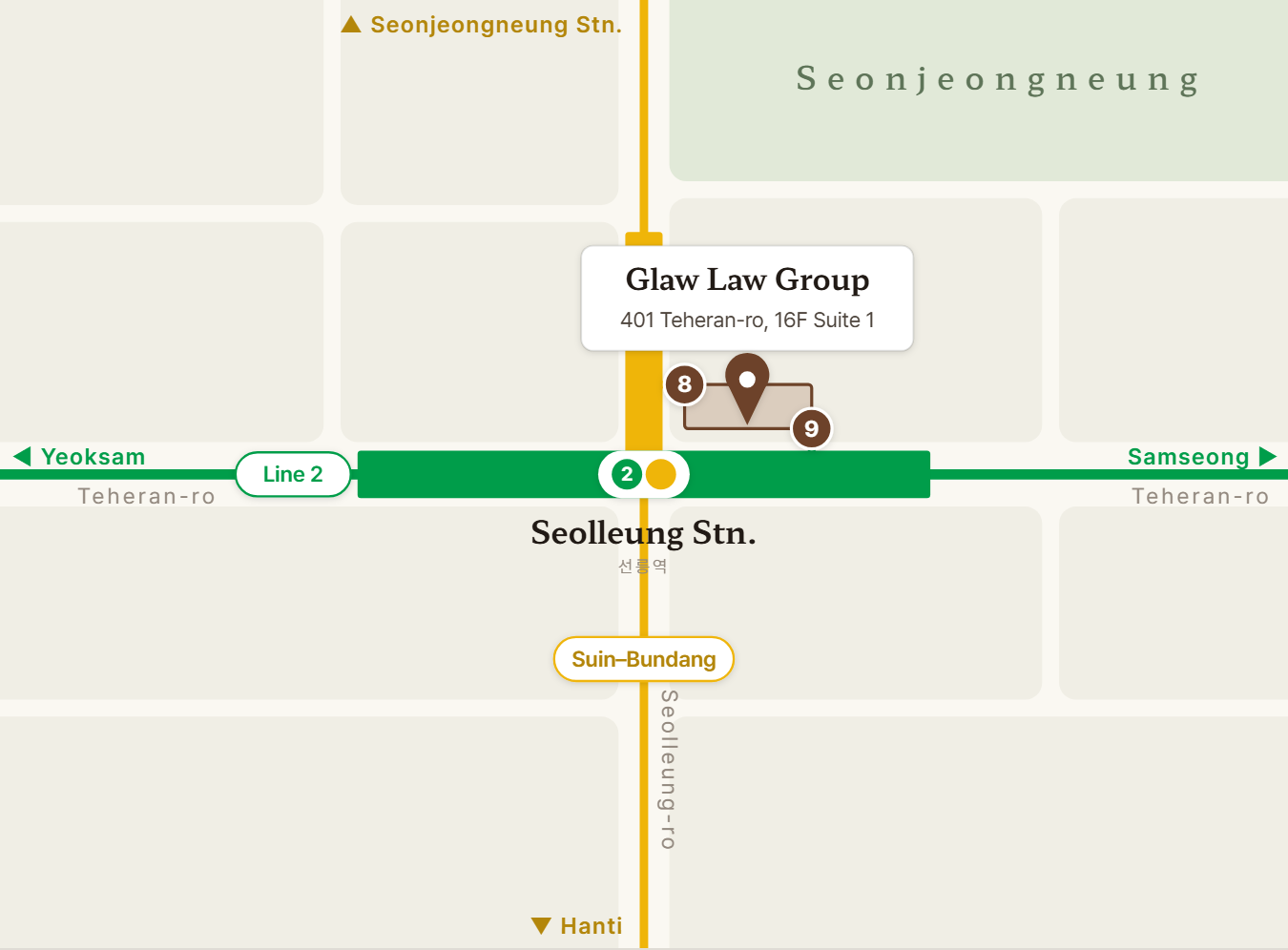 Simplified map around Seolleung Station — 401 Teheran-ro, Glaw (near Exits 8 & 9)